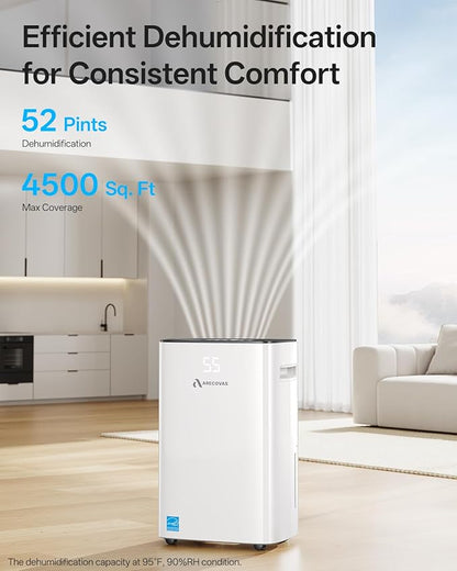 Dehumidifier for Basement, 52 Pints Dehumidifiers for Bedroom Bathroom Large Room Home, 4500 Sq.Ft Dehumidifier with Drain Hose, 2025 Energy Star Certificate, Humidity Control, 24H-Timer, Auto Defrost