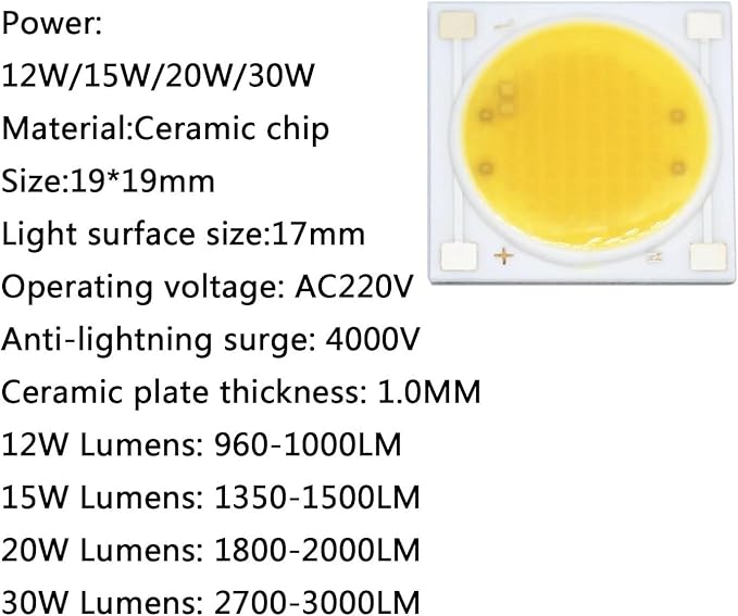 5pcs Ceramics Base LED COB Chip Bulb 12W 15W 20W 30W Power AC220V 19 * 19mm Smart IC Diode for FloodLight Spotlight Downlight DIY(Warm White 3000K,30W AC220V)
