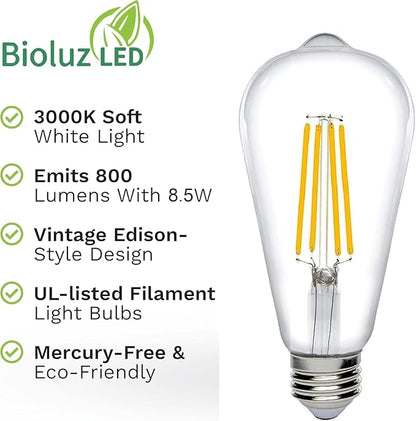Bioluz Dimmable Edison Light Bulbs - 800 Lumen Soft White 3000K LED Replacement for Incandescent Light Bulbs - 18-Pack Vintage Soft White Light Bulbs for Dimmable Lighting and Soft Lighting