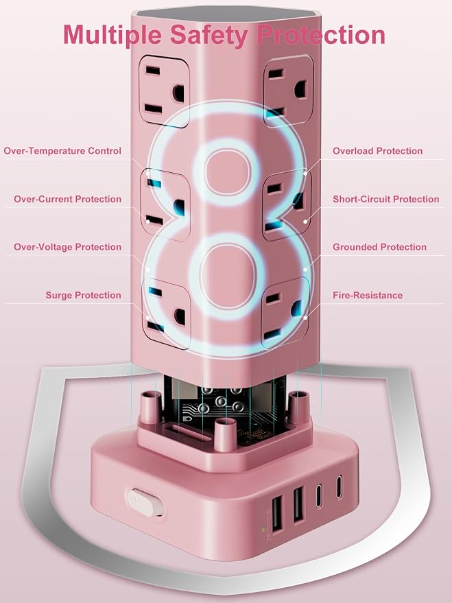 Power Strip Tower Surge Protector, 6FT Flat Plug Extension Cord with Multiple Outlets, 12 AC Outlets 4 USB (2 USB C), Desktop Charging Station with Surge Protection for Home Office Dorm Room, Pink