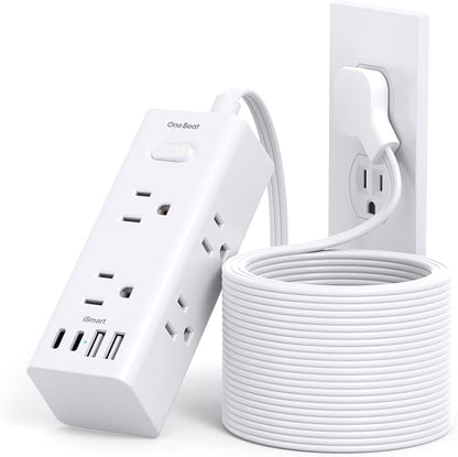 20Ft Extension Cord with Multiple Outlets, Flat Plug Power Strip Surge Protector with 20 Ft Long Cord, 6 Outlet 4 USB Ports (2 USB C), Multi Outlet Wall Plug for College, Dorm Room Essentials(White)