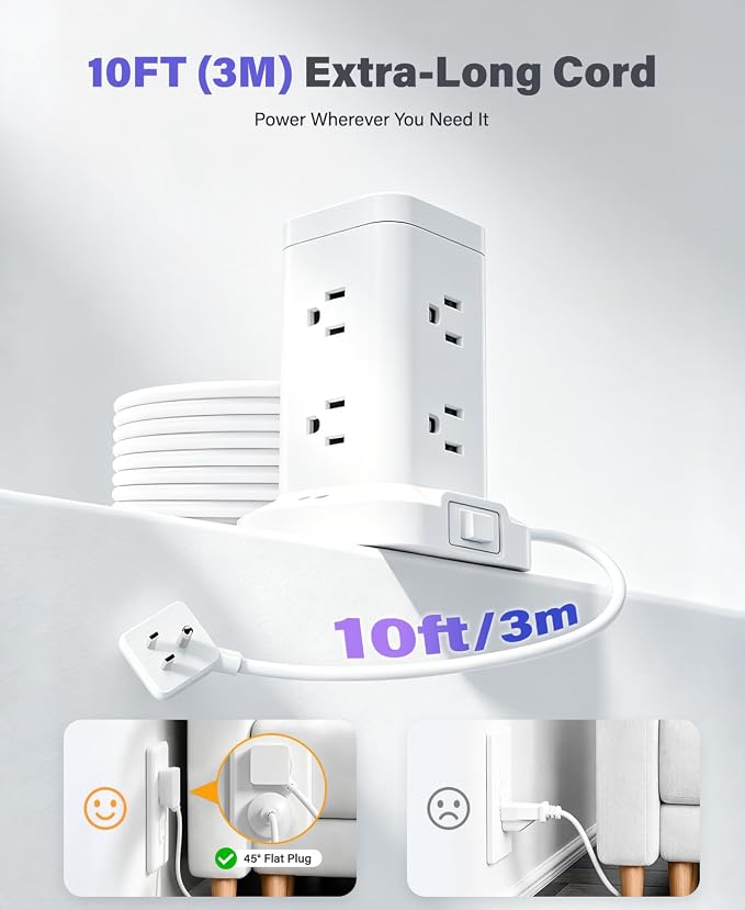 Power Strip Tower with Surge Protector 1800J, Fast Charging Tower PD20W USB-C Ports with 8 AC Outlets, Extension Cord for Home Office Dorm Room, White, 8FT