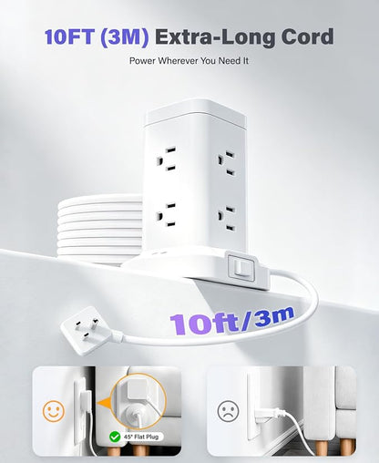 Power Strip Tower with Surge Protector 1800J, Fast Charging Tower PD20W USB-C Ports with 8 AC Outlets, Extension Cord for Home Office Dorm Room, White, 8FT