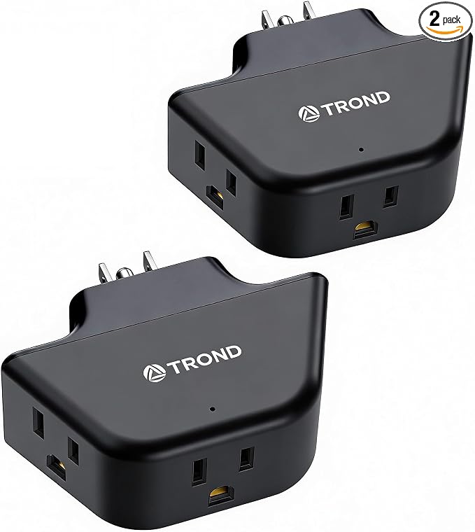 TROND 360 Rotating Plug Outlet Extender for Bathroom Kitchen, 2 Pack | Wall Plug Adapter with 3 Grounded Sockets, No Blocking with 3 Way Angled Design, Small Outlet Splitter for Home Office, Black