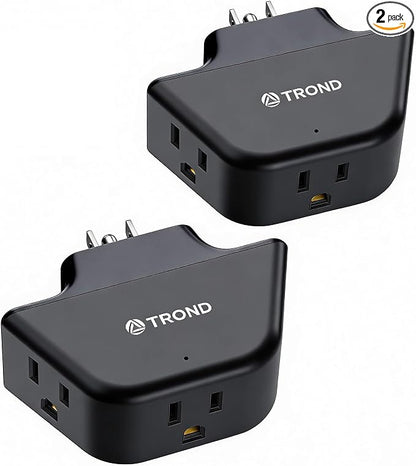 TROND 360 Rotating Plug Outlet Extender for Bathroom Kitchen, 2 Pack | Wall Plug Adapter with 3 Grounded Sockets, No Blocking with 3 Way Angled Design, Small Outlet Splitter for Home Office, Black