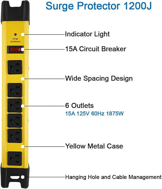 Heavy Duty Power Strip Surge Protector - 6 Outlet Industrial Strip With 15A, 15 FT Cord, 1200 Joules - ETL Listed Yellow Metal for Shop, Workshop, Garden