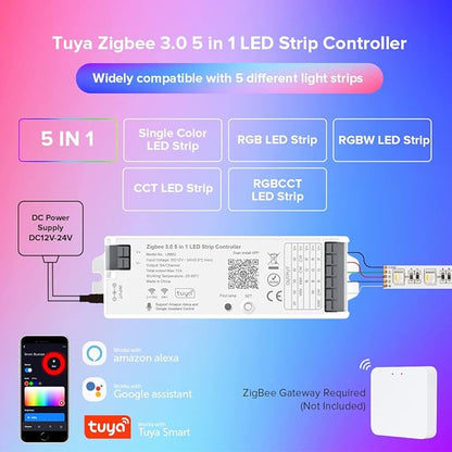 SEZO LM052 ZigBee 3.0 LED Strip Controller Monochrome CCT RGB RGBW RGBCCT 5in1 Lights Controller Compatible with LM054 Bridge Tuya Gateway/Alexa/Google Assistant (Require ZigBee Gateway)