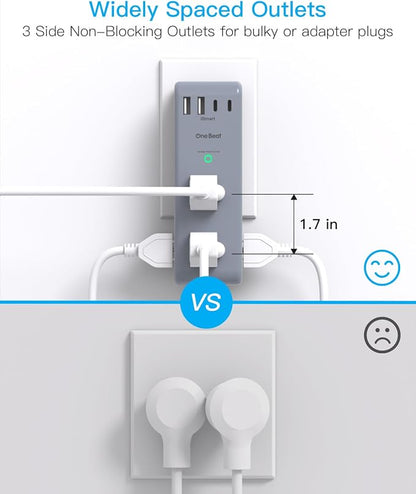 Surge Protector Outlet Extender, Multi Plug Wall Outlet, Rotating Plug,Grey
