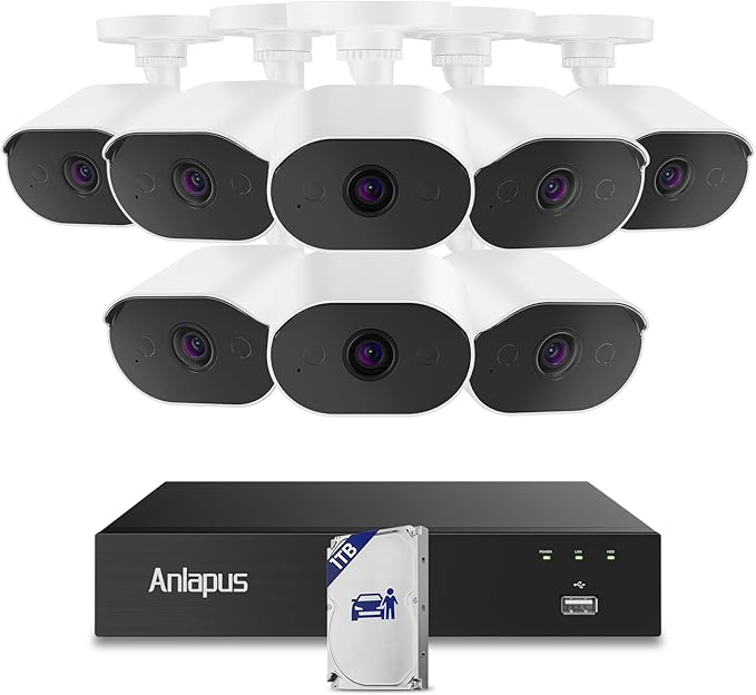Anlapus 4K Security Camera System with Audio, AI Human Vehicle Detection, Night Vision, 8pcs 8MP Outdoor Indoor CCTV Wired Cameras, 8CH Home DVR with 1TB HDD for 24/7 Recording, No Monthly Fee
