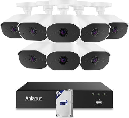 Anlapus 4K Security Camera System with Audio, AI Human Vehicle Detection, Night Vision, 8pcs 8MP Outdoor Indoor CCTV Wired Cameras, 8CH Home DVR with 1TB HDD for 24/7 Recording, No Monthly Fee