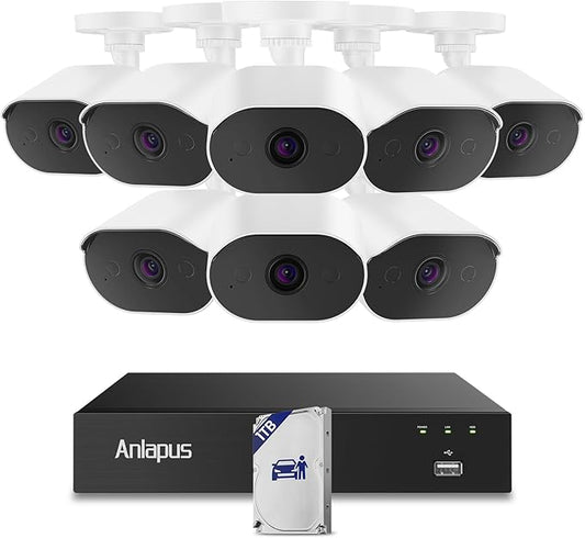 Anlapus 4K Security Camera System with Audio, AI Human Vehicle Detection, Night Vision, 8pcs 8MP Outdoor Indoor CCTV Wired Cameras, 8CH Home DVR with 1TB HDD for 24/7 Recording, No Monthly Fee