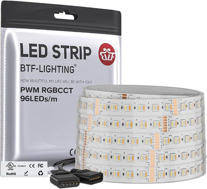 BTF-LIGHTING RGBCCT LED Strip UL Listed 16.4ft 96LED/m 300LED DC24V IP67 | White LED Tape 12mm wide 5 Colors in 1 RGB+Dimmable Tunable Color Temperature 2700K-6500K for Decor(No Adapter or Controller)