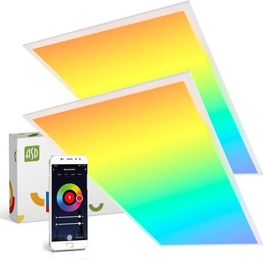 ASD 2 Pack 2x4 Smart RGBW LED Flat Panel Light - 40W UL | 4961LM 3500K 4000K 5000K Selectable Dimmable 2x4 LED Drop Ceiling Light Fixture | RGB Lights WiFi App Controlled Alexa & Google Assistant