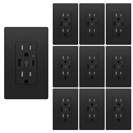 Micmi USB Outlet with C + A Wall Dual High Speed Receptacle Smart 4.8A Fast Charging Capability, 15 Amp 125Volt, Tamper Resistant Wall Plate Included UL Listed (10Pack, Black, 15 Amp Outlet)