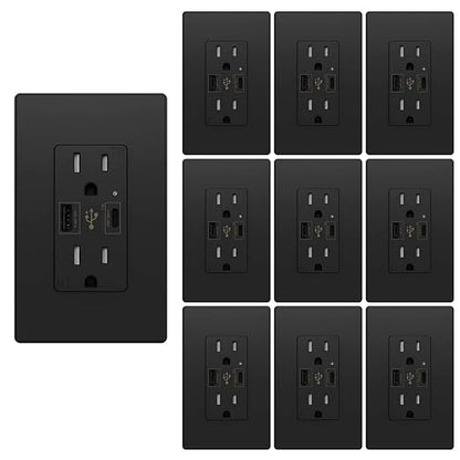 Micmi USB Outlet with C + A Wall Dual High Speed Receptacle Smart 4.8A Fast Charging Capability, 15 Amp 125Volt, Tamper Resistant Wall Plate Included UL Listed (10Pack, Black, 15 Amp Outlet)