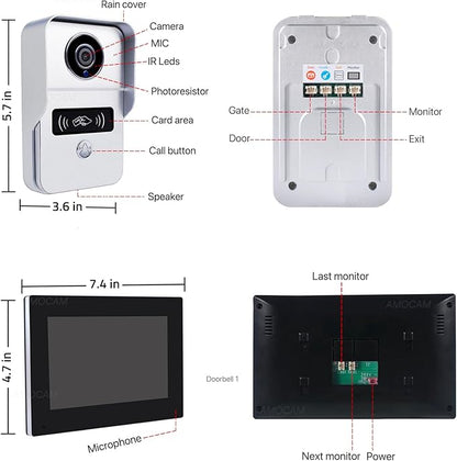 2 Wired Video Intercom System, 7 Inches Video Doorbell HD Camera with Monitor, WiFi Tuya App Remote Intercom Unlock, No Monthly Fees, Video Door Bell Call Phone, for Villa House Office Apartment