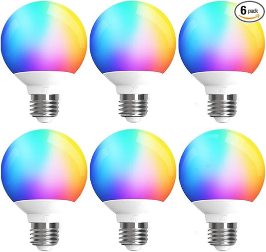 ILC G25 Globe Light Bulbs, App-Controlled Vanity Light Bulbs via Bluetooth Mesh,1600 Million Colors, 600LM, 6W, 60W Equivalent, 4000K Natural White, CRI>95+, E26 Base, Dimming via app only, 6 Pack