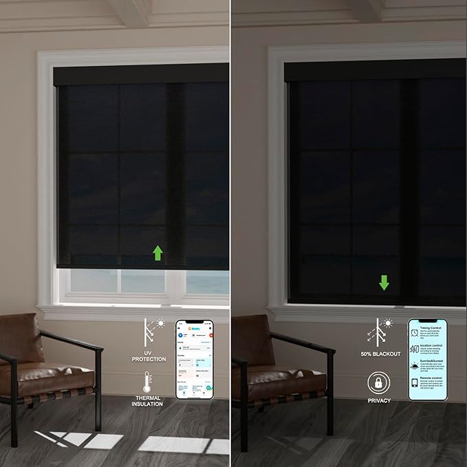 Motorized Blinds with Remote [Light Filtering] Smart Blinds Compatible with Alexa Google HomeKit, 80% Blackout Automatic Roller Shades for Indoor Windows, Customized Size, Mesh Black