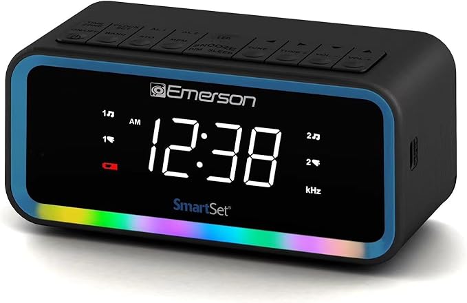 Emerson CKS1401 Smartset AM/FM Dual Alarm Clock Radio with 0.9” White LED Display with 4-Level Dimmer Control, USB-C Charging, and 2-Level Multi-Color LED Decor
