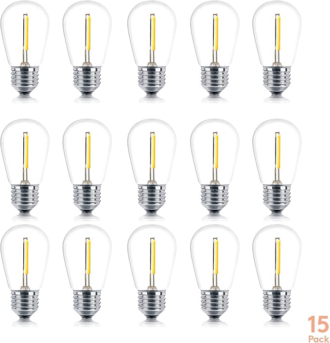 Brightech Ambience PRO Replacement LED Light Bulbs, 1 Watt LED Edison-Inspired Exposed Filaments Plastic Bulbs, S14 Energy Efficient Outdoor String Lights Bulbs - 15 Pack
