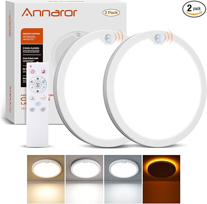 Annaror 2Pack Motion Ceiling Light with Remote, 8.7IN Wired Motion Sensor Light Indoor 3000K/4000K/5000K, Closet Lights Motion Sensored with Timer, Dimmable Motion Activated Light for Hallway Stair