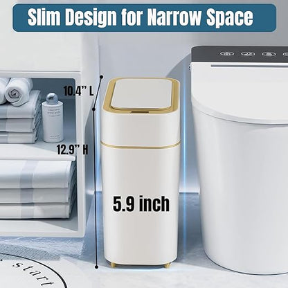 2-Pack Automatic Bathroom Trash Can with Lid, Slim Motion Sensor Garbage Can, Waterproof Touchless Trash Bin, Smart Trashcan for Bedroom, Living Room, Narrow Space, 2.3 Gallon, White+Gold Trim