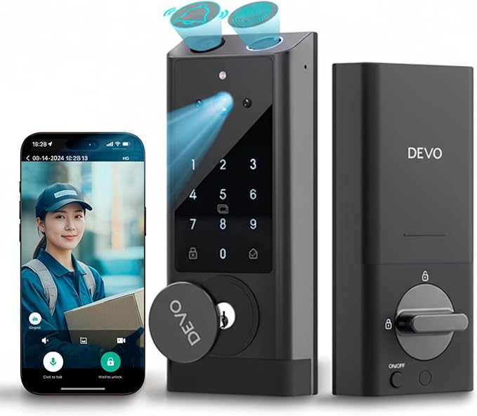 DEVO G1 Video Smart Lock with Camera & Doorbell, 6-in-1 Keyless Entry Door Lock for Front Door with Fingerprint, Auto Locks, App Remote, Wi-Fi Smart Deadbolt Black