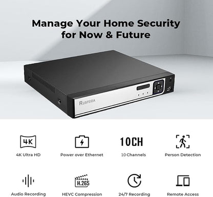 4K 10CH Network Video Recorder for Security Camera System, Support 4K/5MP/4MP/3MP/1080P IP Camera H.265+ PoE NVR, 24/7 Recording, Face Detection, 10 Port PoE NVR(HDD Not Included)