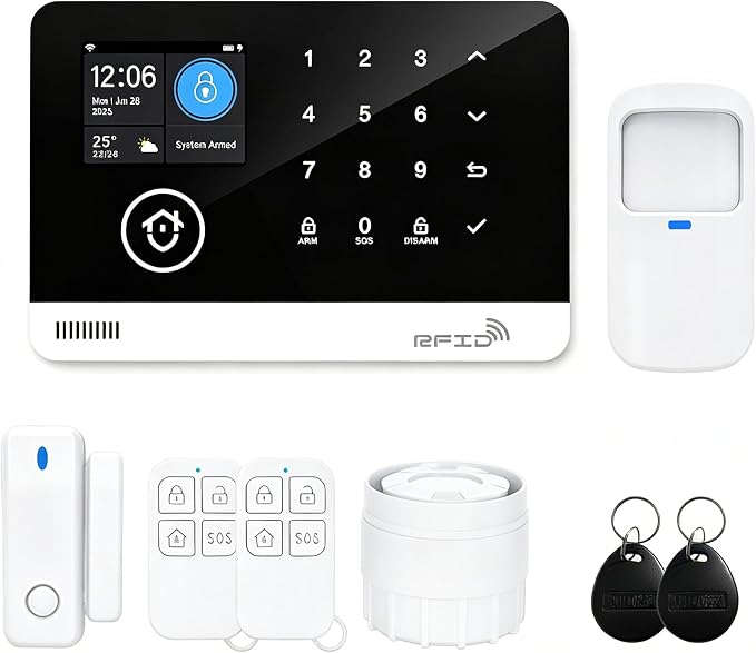 Home Security System, Alarm System for Home Security, 8-Piece Kit WiFi/GSM SMS Alarm System with Motion Detector, 120dB Alarm Siren, Door/Window Burglar Alarm, Smart Remote Control, Alexa-Compatible