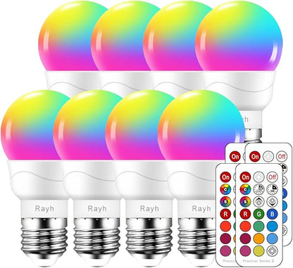 Color Changing Light Bulb, RGB LED Light Bulbs with Remote Control,40W Equivalent Dimmable 5W, 500LM, 2700K Warm White E26 Screw Base Bulbs, Flood Lights, Mood Light -Timing,12 Color Choices (8 Pack)
