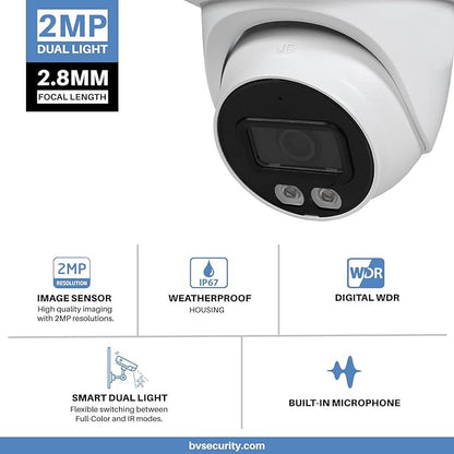 R-Tech 2MP Smart Dual Light HDCVI Fixed-Focal Eyeball Camera, Full-Color Night Vision, 3D NR, Built-in Mic, 40m IR Distance, IP67 Weatherproof, 2.8mm Lens