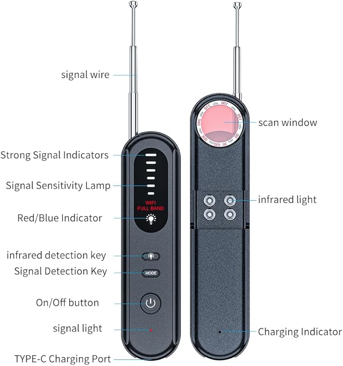 Anti-Spy Hidden Camera Detector 6-in-1, GPS Tracker & Bug Detector, RF Signal Scanner, Rechargeable Privacy Protector for Travel, Hotel, Home, Office & Car (Black)