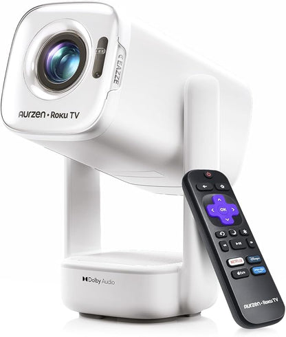Aurzen Roku TV D1R air USB-C Powered Smart Portable Outdoor Projector White | Roku TV Built-in, WiFi & Bluetooth, Power Bank Supported, Native 1080P, DoIby Audio, Mini Projector for Home & Outdoor Movies