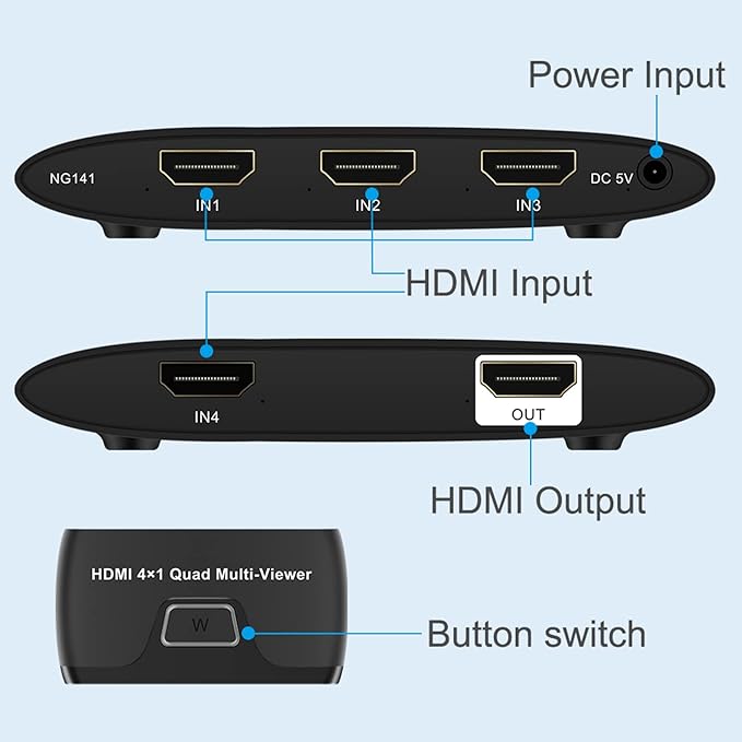 Quad Multi HDMI Viewer 4 in 1 Out HDMI Switcher 4 Ports Seamless Switcher Support 1080P for PS4/PC/DVD/Security Camera, Switch Output 2 Modes