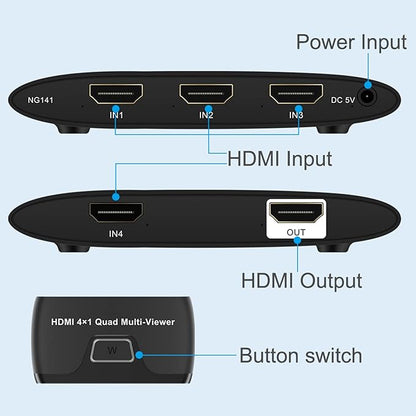 Quad Multi HDMI Viewer 4 in 1 Out HDMI Switcher 4 Ports Seamless Switcher Support 1080P for PS4/PC/DVD/Security Camera, Switch Output 2 Modes