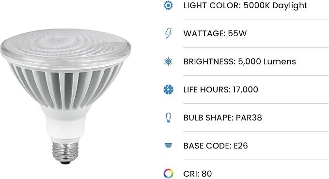 Feit Electric PAR38 LED Light Bulb, 325W Equivalent, Outdoor Flood Light Bulb, Non Dimmable, 13 Year Life, 5000 Lumens, E26 Base, Damp Rated, High Lumen, PAR38/5000/5K/LED (Pack of 12)