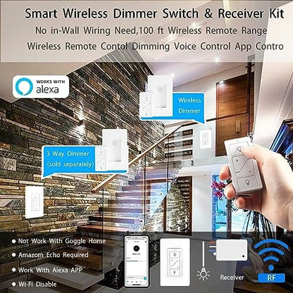 Wireless Light Switch, Remote Light Switch Compatible with Alexa, Smart Wireless Dimmer Switch and Receiver, Wall Lighting Fixture for Ceiling Lights, Fans, Lamps