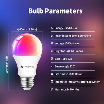 ANWIO Matter Smart Light Bulbs 8.5W (60W Replacement) A19 E26 LED Bulb Compatible with SmartThings App, Alexa, Google Assistant, Color Changing Light Bulb, 806lm,2.4Ghz only,Hub Required（4-Pack）