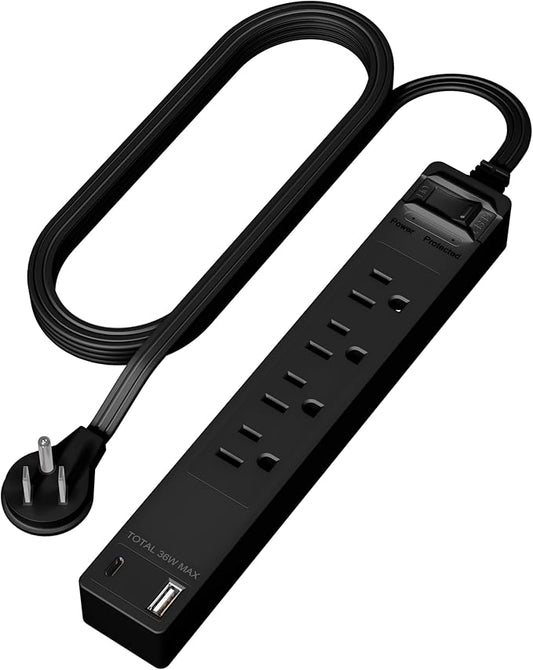 LIDER PD 36W Surge Protected Outlet Extender with 4-Outlet Power Strip, 1 USB Type-A and 1 Type-C Port, 5ft, Up to 1500J, LED Indicator, ON/Off Switch, Flat-Plug, 45-Degree Angle, UL-Listed, Black