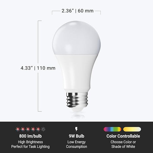 Leona Smart Bulb, RGB Color Changing +Tunable White, WiFi, E26 Base, 9W LED, 800 Lumens, App-Controlled, Voice Compatible, 2700K-6500K (4-Pack)