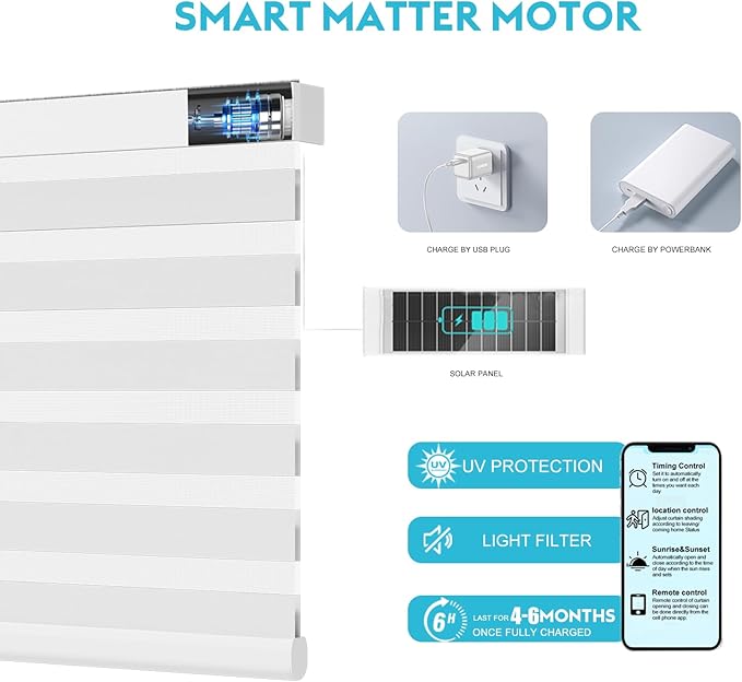 Motorized Zebra Blinds with Remote, Work with HomeKit Alexa, Smart Light Filtering Horizontal Automatic Electric Window Shades for Home Office Customsize(90% Blackout Wide White)