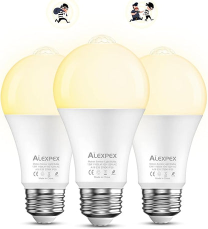 3 Pack Motion Sensor LED Bulbs, 13W 1100lm Dusk-Dawn Lights, A19 E26 2700K Indoor LED Lighting, Motion Activated for Porche, Hallway, Storage Room, Entryway, Closet-100W Equivalent Warm White