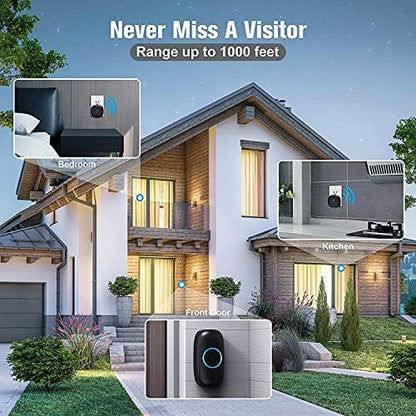 SECRUI Wireless Doorbell with 3Receivers 2 Push Buttons, Easy installation, Adjustable Volume, 58 Chimes, Colorful LED, 1000Ft Range, M520+F55, Black
