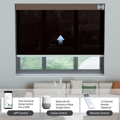 Motorized Solar Shades, Light Filtering Smart Blinds for Windows Automatic Blinds Compatible with Alexa, Falme Resistant Roller Shades Customized for Office Living Room (5% Openness Coffee)