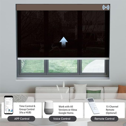 Motorized Solar Shades, Light Filtering Smart Blinds for Windows Automatic Blinds Compatible with Alexa, Falme Resistant Roller Shades Customized for Office Living Room (5% Openness Coffee)