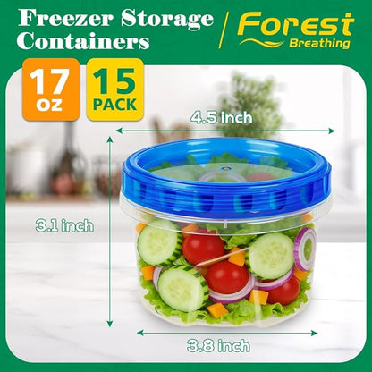 15 Pack 17oz Reusable Freezer Storage Containers with Twist Top Lids Airtight, Small Plastic Food Storage Containers for Meal Prep Leftover Lunch Fruit Salad, Soup Container Microwave Freezer Safe