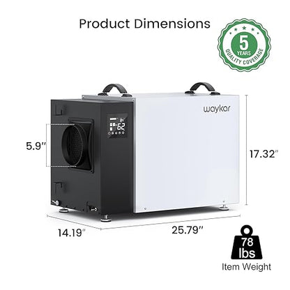 Waykar 216 Pint Commercial Dehumidifier with Pump and Drain Hose for Crawl Spaces, Basements, Ducted Industrial Use, and Water Damage Unit, for Spaces up to 8000 Square Feet, Smart Humidity Control