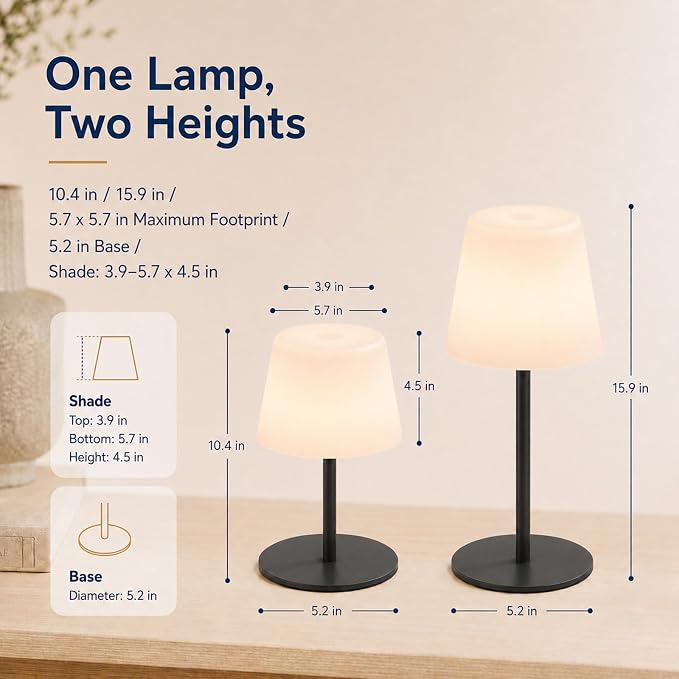 IP65 Waterproof Shower Lamp, Cordless Rechargeable Table Lamp, Black | 4000mAh Battery Operated Lamp, Spa-Like Glow for Showers, Vanity, Bedside and Patios; 3 Color Temperatures, Touch Dimming