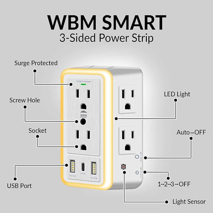 WBM Smart Multi Plug Outlet, Surge Protector, 6-Outlet Extender with 2 USB Charging Ports, USB-C and Night Light, 3-Sided Power Strip with Adapter Spaced Outlets - White