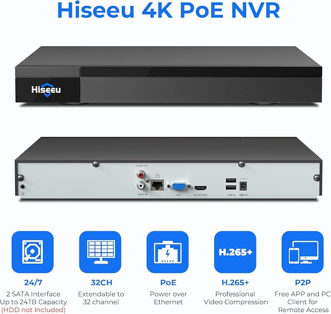 Hiseeu 4K 32 Channel PoE NVR Network Video Recorder for Security Camera System, Support 4K/5MP/4MP/3MP/1080P PoE Camera, Motion Detect,24/7 Recording, Smart Playback, No Hard Drive